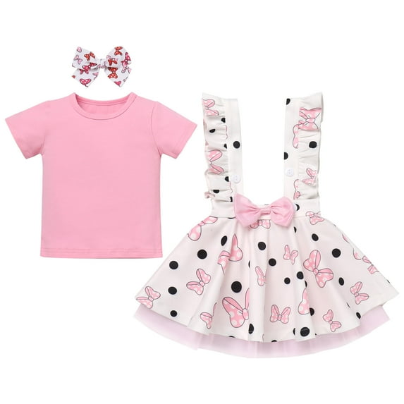 IBTOM CASTLE Toddler Baby Girls Mouse Birthday Outfit Short Sleeve Pullover T-shirt Suspender Skirt with Headband Cake Smash Casual Outfits 18-24 Months Pink