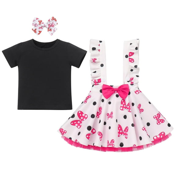 IBTOM CASTLE Toddler Baby Girls Mouse Birthday Outfit Short Sleeve Pullover T-shirt Suspender Skirt with Headband Cake Smash Casual Outfits 2-3 Years Black + Hot Pink