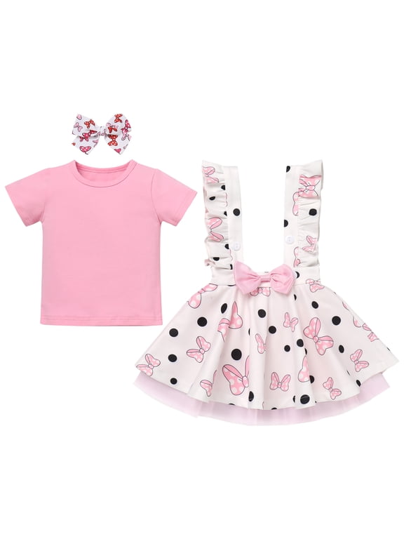 Toddler Baby Girls Mouse Birthday Outfit Short Sleeve Pullover T-shirt Suspender Skirt with Headband Cake Smash Casual Outfits 2-3 Years Pink