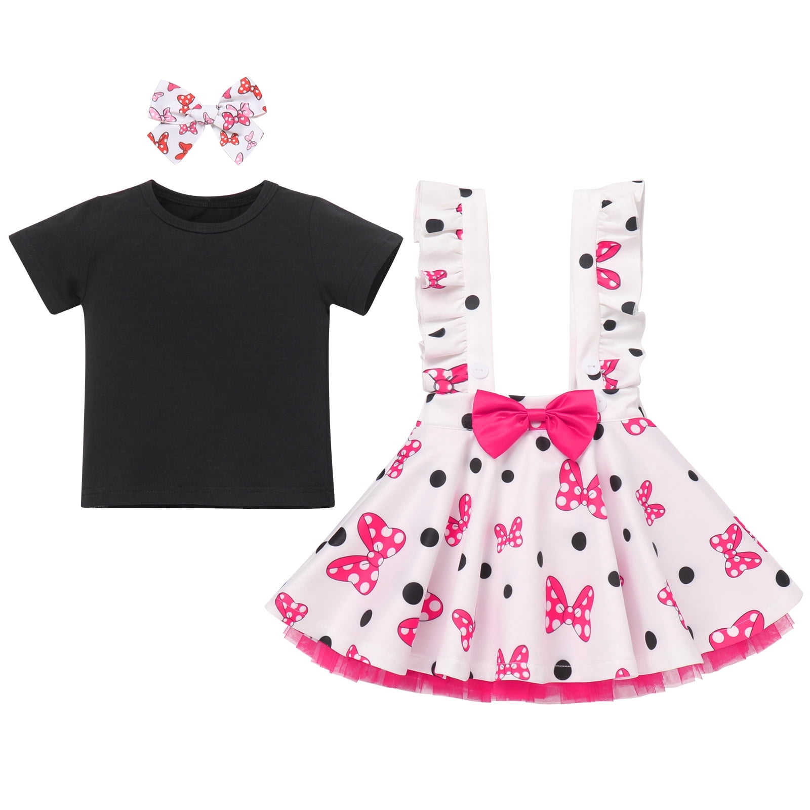 IBTOM CASTLE Toddler Baby Girls Mouse Birthday Outfit Short Sleeve Pullover T-shirt Suspender Skirt with Headband Cake Smash Casual Outfits 3-4 Years Black + Hot Pink