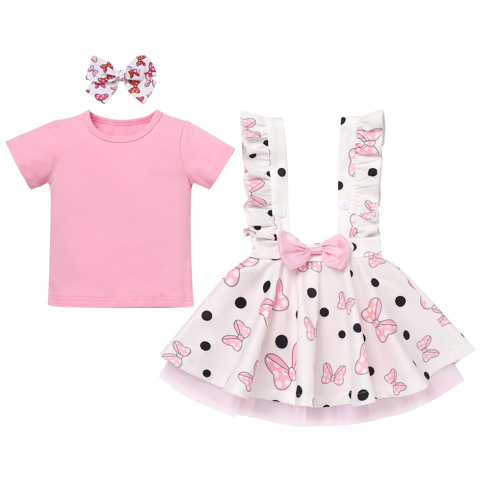 IBTOM CASTLE Toddler Baby Girls Mouse Birthday Outfit Short Sleeve Pullover T-shirt Suspender Skirt with Headband Cake Smash Casual Outfits 6-12 Months Pink