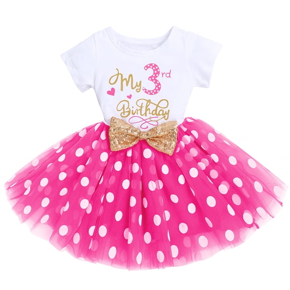 IBTOM CASTLE Toddler Baby Girls My 3rd Birthday Cake Smash Shinny Printed Sequin Bow Tutu Princess Dress 3 Years Hot Pink - Polka Dots