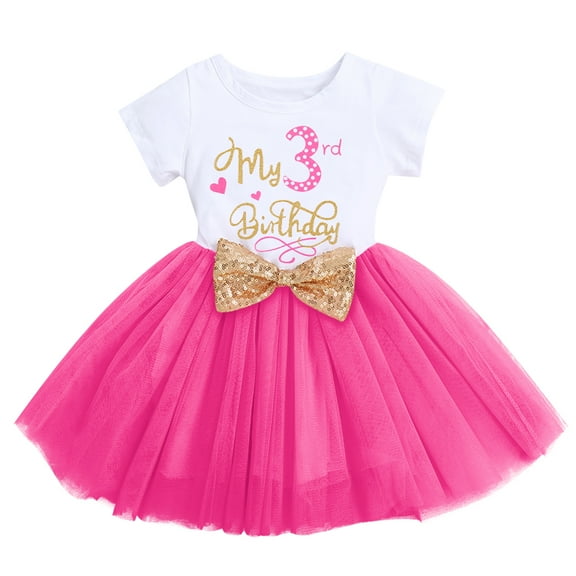 IBTOM CASTLE Toddler Baby Girls My 3rd Birthday Cake Smash Shinny Printed Sequin Bow Tutu Princess Dress 3 Years Hot Pink