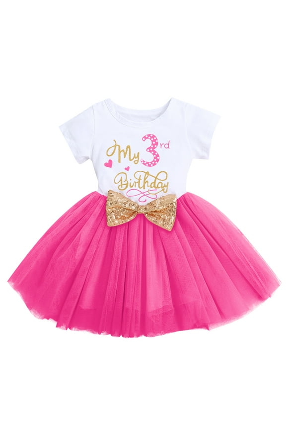 Toddler Baby Girls My 3rd Birthday Cake Smash Shinny Printed Sequin Bow Tutu Princess Dress 3 Years Hot Pink