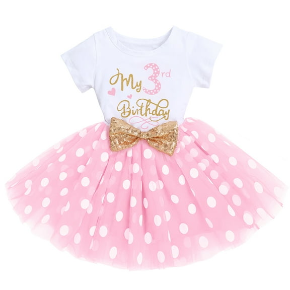 IBTOM CASTLE Toddler Baby Girls My 3rd Birthday Cake Smash Shinny Printed Sequin Bow Tutu Princess Dress 3 Years Pink - Polka Dots