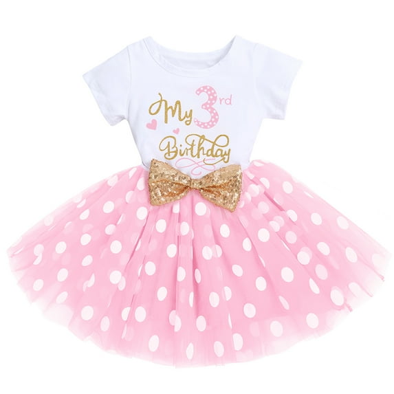 IBTOM CASTLE Toddler Baby Girls My 3rd Birthday Cake Smash Shinny Printed Sequin Bow Tutu Princess Dress 3 Years Pink - Polka Dots