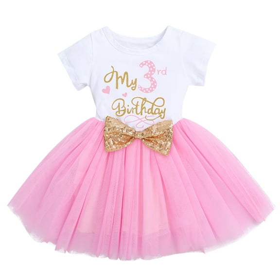 IBTOM CASTLE Toddler Baby Girls My 3rd Birthday Cake Smash Shinny Printed Sequin Bow Tutu Princess Dress 3 Years Pink