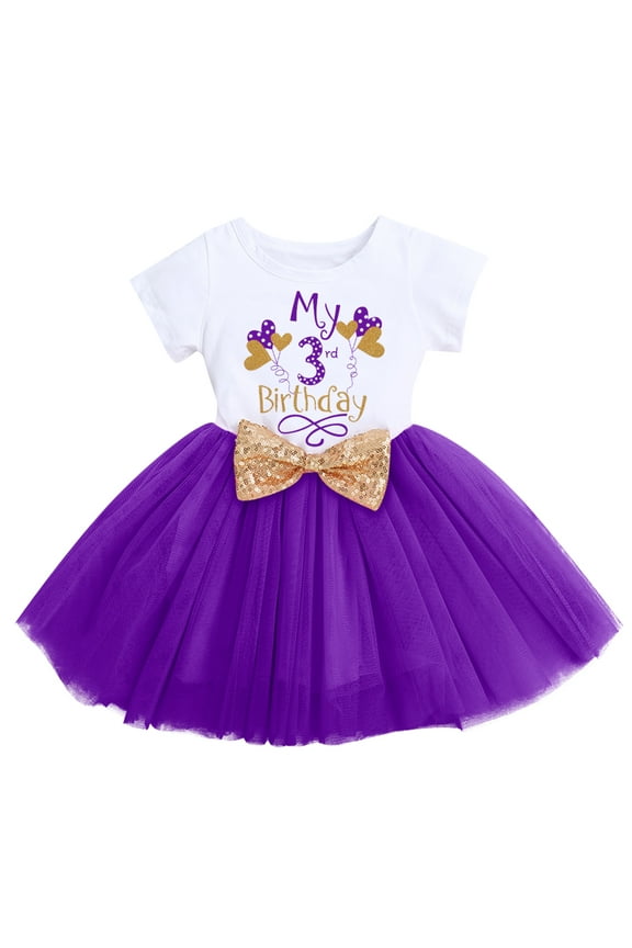 Toddler Baby Girls My 3rd Birthday Cake Smash Shinny Printed Sequin Bow Tutu Princess Dress 3 Years Purple - Balloon
