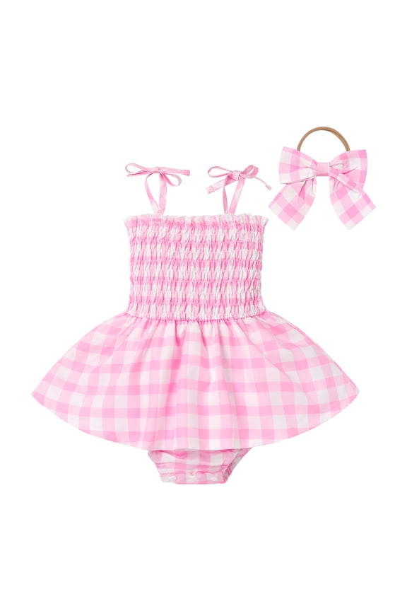 Toddler Baby Girls Pink Plaid Ruffle Romper Gingham Dress 1st Birthday Outfit Summer Boho Halloween Cosplay Dress up 12-24 Months Pink Romper