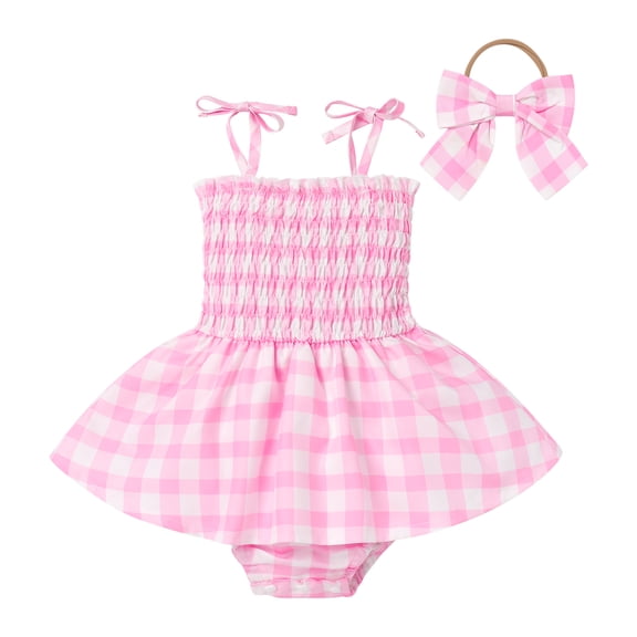 IBTOM CASTLE Toddler Baby Girls Pink Plaid Ruffle Romper Gingham Dress 1st Birthday Outfit Summer Boho Halloween Cosplay Dress up 6-9 Months Pink Romper