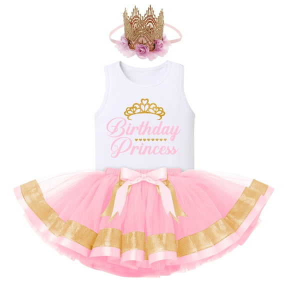 IBTOM CASTLE Toddler Baby Girls Princess Birthday Outfits Sleeveless Printed Vest Tops Tulle Tutu Dress Flower Crown Party Clothes 2-3 Years Pink
