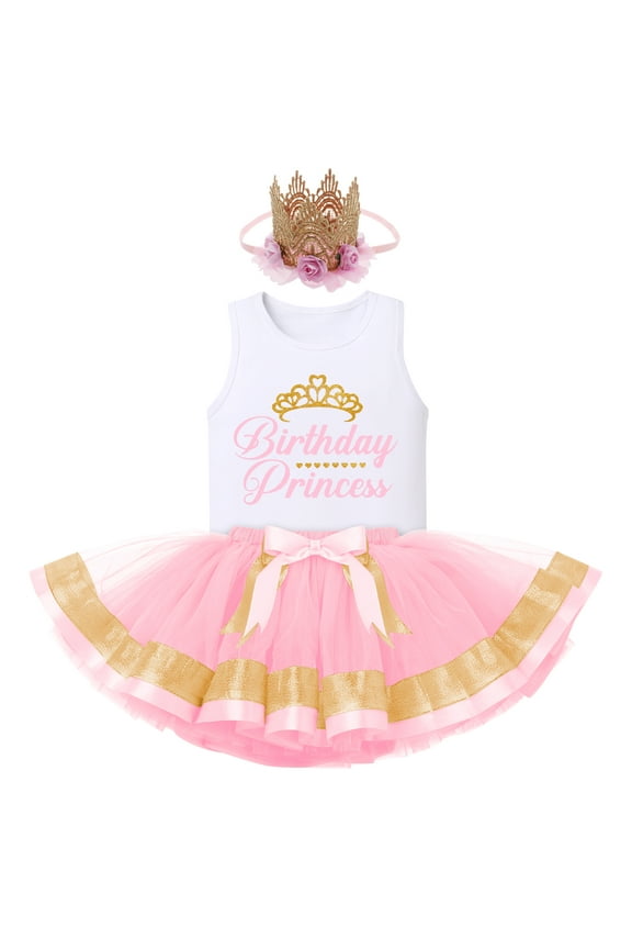 Toddler Baby Girls Princess Birthday Outfits Sleeveless Printed Vest Tops+Tulle Tutu Dress+Flower Crown Party Clothes 2-3 Years Pink