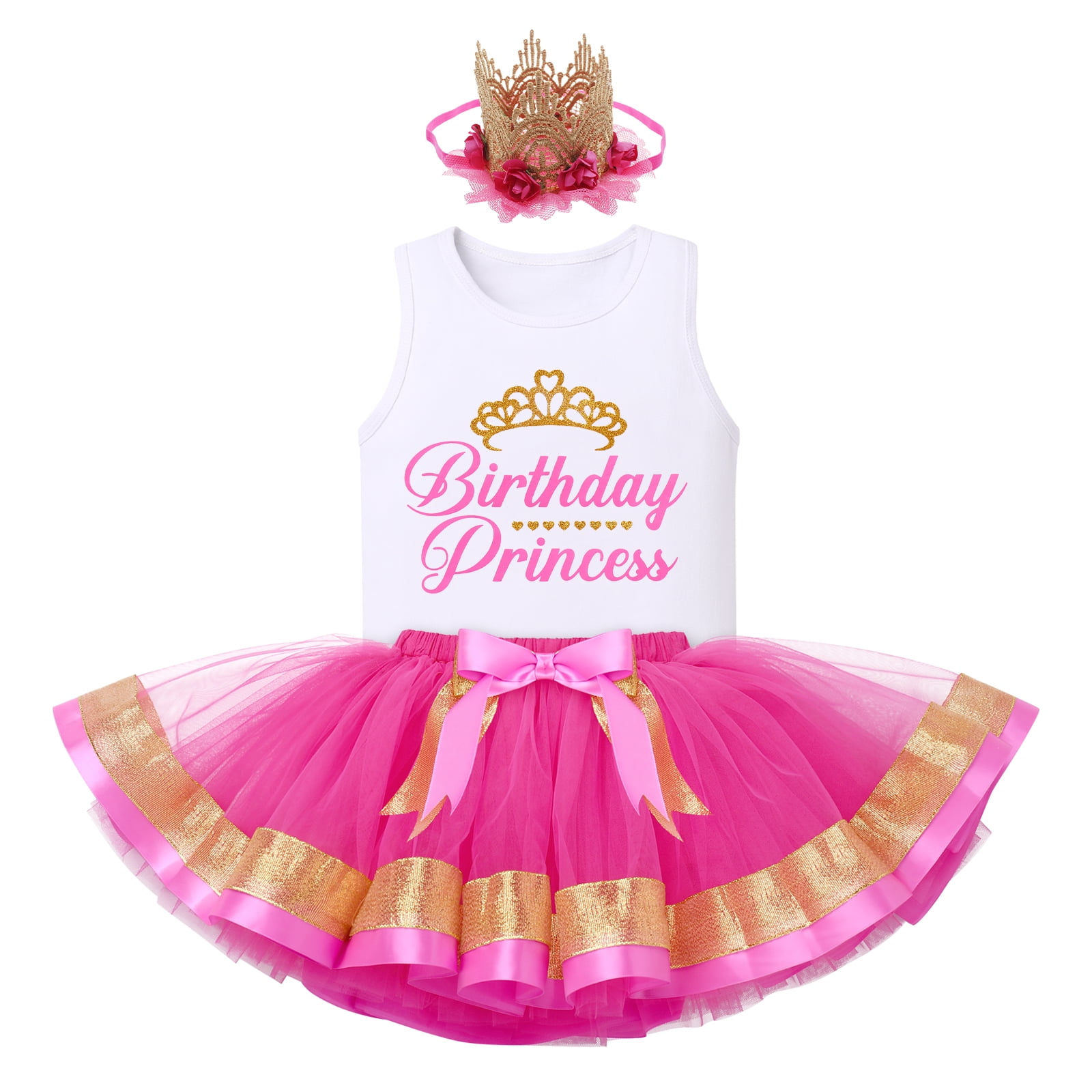IBTOM CASTLE Toddler Baby Girls Princess Birthday Outfits Sleeveless Printed Vest Tops+Tulle Tutu Dress+Flower Crown Party Clothes 3-4 Years Hot Pink