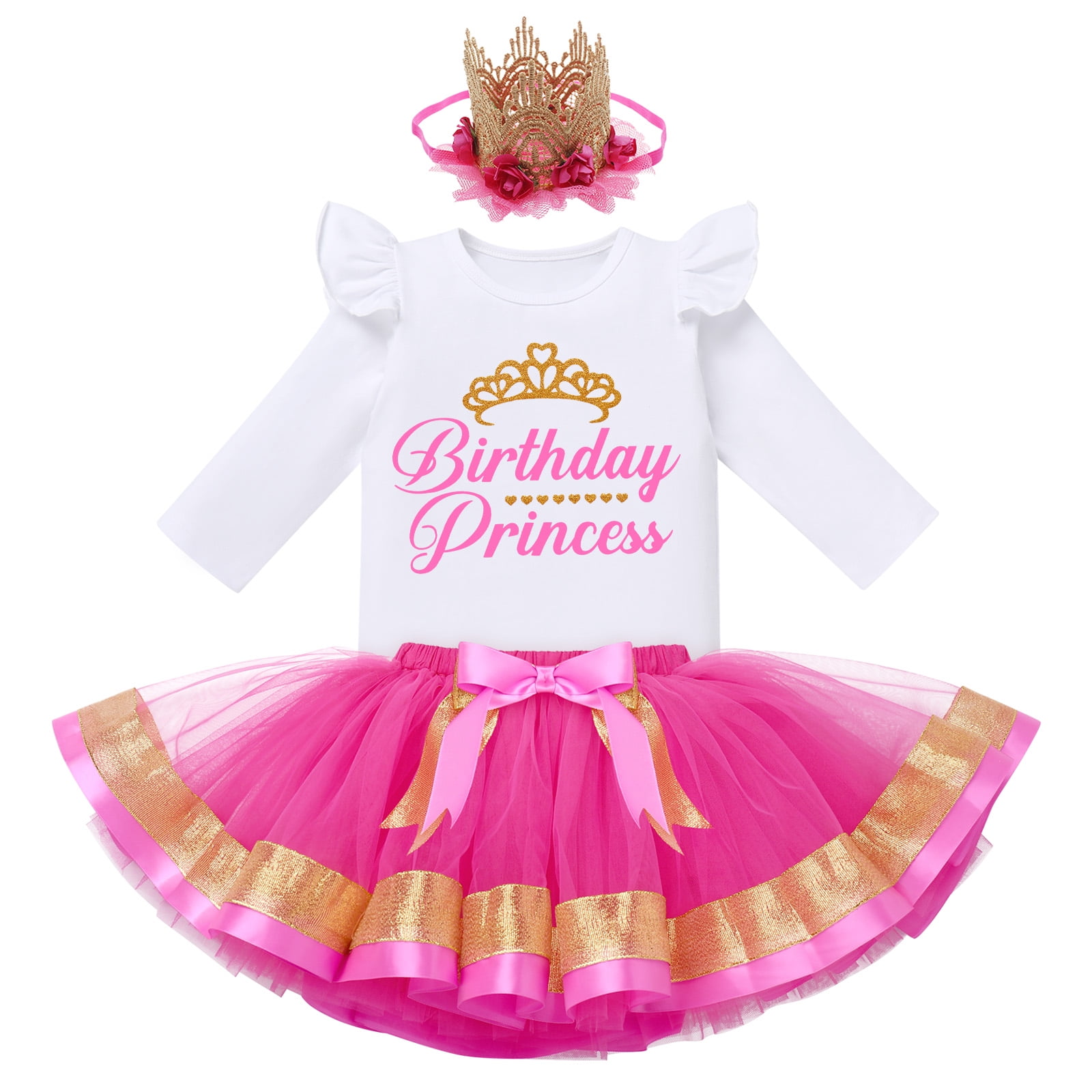 IBTOM CASTLE Toddler Baby Girls Princess Birthday Outfits Sleeveless Printed Vest Tops+Tulle Tutu Dress+Flower Crown Party Clothes 4-5 Years Hot Pink - Long Sleeve
