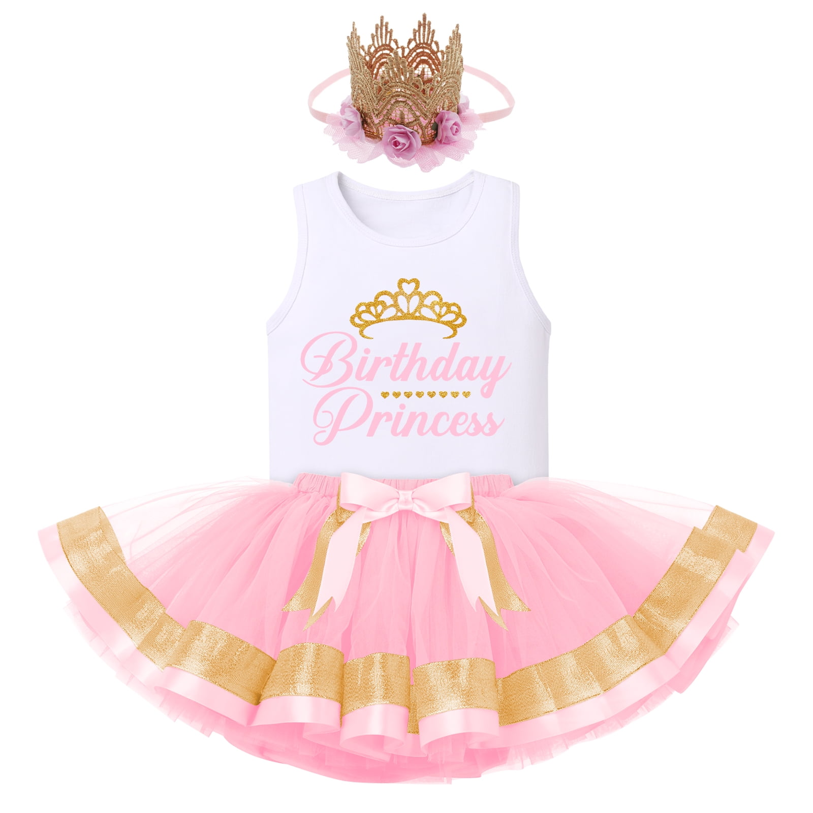 IBTOM CASTLE Toddler Baby Girls Princess Birthday Outfits Sleeveless Printed Vest Tops+Tulle Tutu Dress+Flower Crown Party Clothes 4-5 Years Pink
