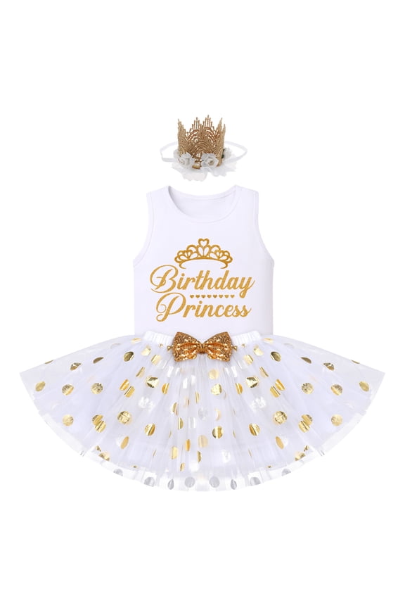 Toddler Baby Girls Princess Birthday Outfits Sleeveless Printed Vest Tops+Tulle Tutu Dress+Flower Crown Party Clothes 4-5 Years White