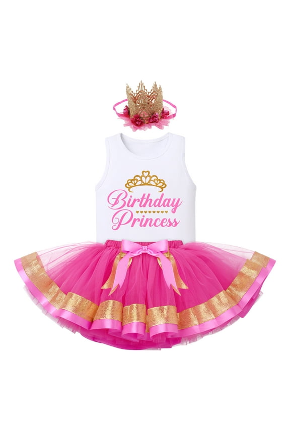 Toddler Baby Girls Princess Birthday Outfits Sleeveless Printed Vest Tops+Tulle Tutu Dress+Flower Crown Party Clothes 5-6 Years Hot Pink