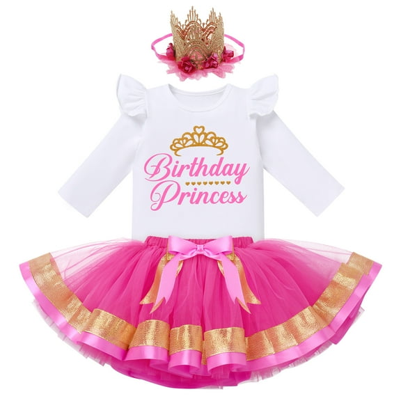 IBTOM CASTLE Toddler Baby Girls Princess Birthday Outfits Sleeveless Printed Vest Tops Tulle Tutu Dress Flower Crown Party Clothes 5-6 Years Hot Pink - Long Sleeve