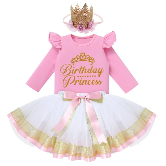 IBTOM CASTLE Toddler Baby Girls Princess Birthday Outfits Sleeveless Printed Vest Tops Tulle Tutu Dress Flower Crown Party Clothes 5-6 Years Pink & White - Long Sleeve