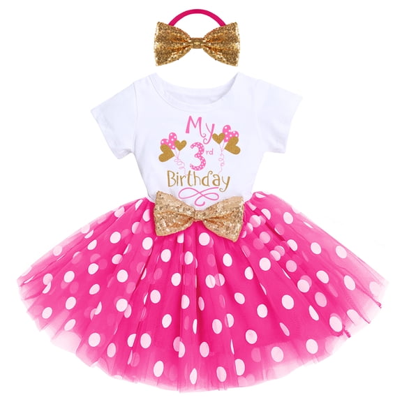 IBTOM CASTLE Toddler Baby Girls Princess Shiny Sequin Bow Tutu Dress with Headband 3rd Birthday Outfits Cake Smash Party Clothes Set 3 Years Hot Pink Dots - Balloon