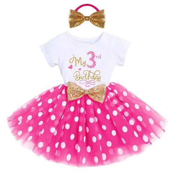 IBTOM CASTLE Toddler Baby Girls Princess Shiny Sequin Bow Tutu Dress with Headband 3rd Birthday Outfits Cake Smash Party Clothes Set 3 Years Hot Pink - Polka Dots