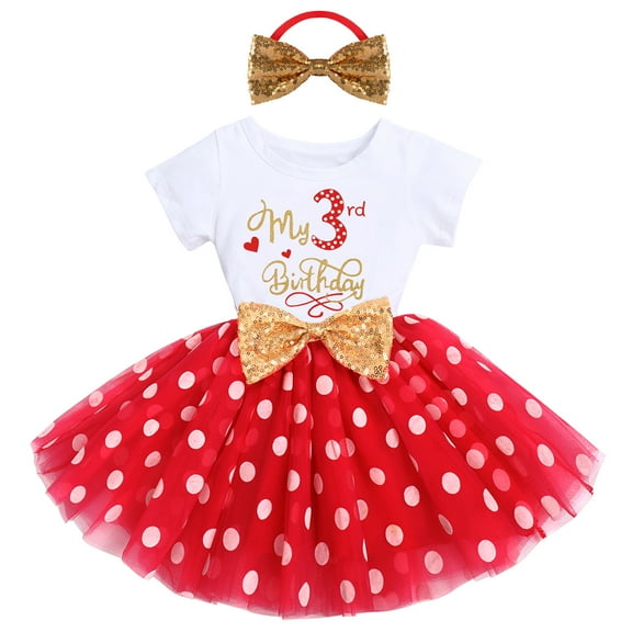 IBTOM CASTLE Toddler Baby Girls Princess Shiny Sequin Bow Tutu Dress with Headband 3rd Birthday Outfits Cake Smash Party Clothes Set 3 Years Red - Polka Dots