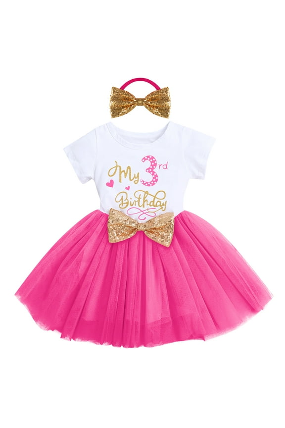Toddler Baby Girls Princess Shiny Sequin Bow Tutu Dress with Headband 3rd Birthday Outfits Cake Smash Party Clothes Set 3 Years Hot Pink