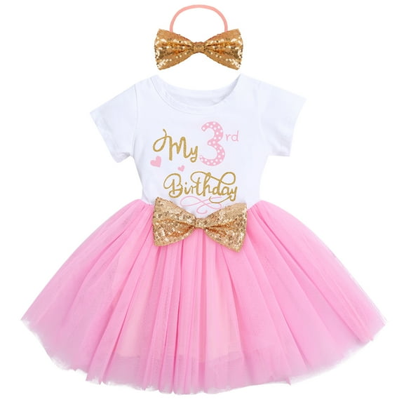 IBTOM CASTLE Toddler Baby Girls Princess Shiny Sequin Bow Tutu Dress with Headband 3rd Birthday Outfits Cake Smash Party Clothes Set 3 Years Pink