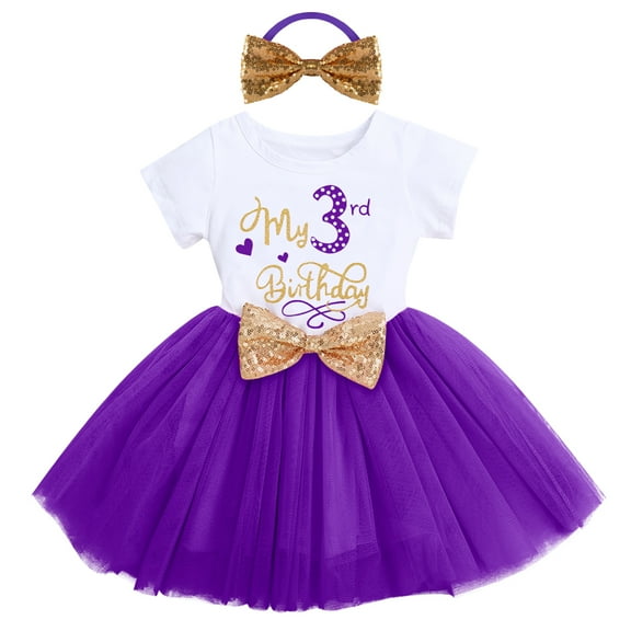 IBTOM CASTLE Toddler Baby Girls Princess Shiny Sequin Bow Tutu Dress with Headband 3rd Birthday Outfits Cake Smash Party Clothes Set 3 Years Purple