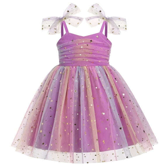 IBTOM CASTLE Toddler Baby Girls Birthday Party Princess Tutu Dress Floral Backless Ruffle Tulle Dresses for Cake Smash 3-4 Years Rainbow Purple Stars