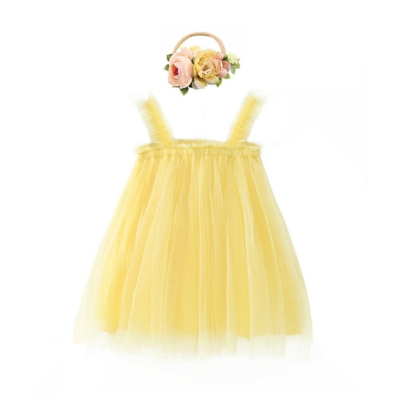 IBTOM CASTLE Toddler Baby Girls Princess Tutu Dress with Flower Headband Wedding Pageant Dresses Birthday Outfit Set for Photo Shoot 12-18 Months Yellow