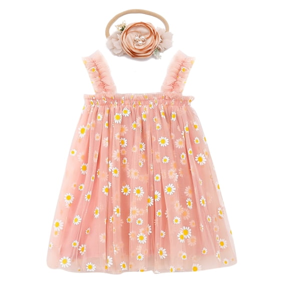 IBTOM CASTLE Toddler Baby Girls Princess Tutu Dress with Flower Headband Wedding Pageant Dresses Birthday Outfit Set for Photo Shoot 4-5 Years Pink Daisy