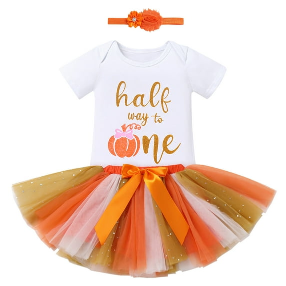IBTOM CASTLE Toddler Baby Girls Pumpkin 1st Birthday Outfit Halloween Princess Romper + Tutu Skirt + Headband Clothes Set for Cake Smash Photo Shoot 0-6 Months Pumpkin Half Way to One