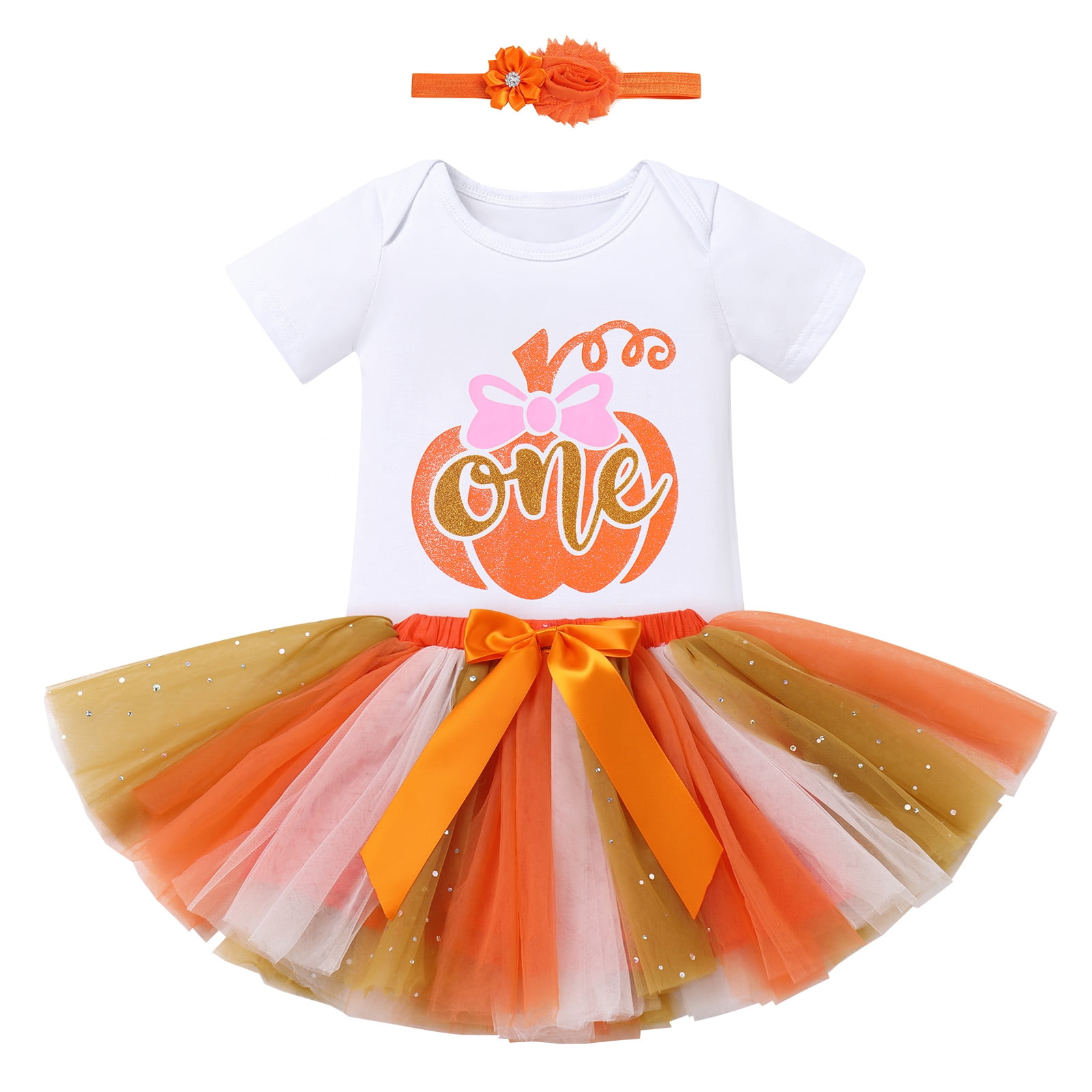 IBTOM CASTLE Toddler Baby Girls Pumpkin 1st Birthday Outfit Halloween Princess Romper + Tutu Skirt + Headband Clothes Set for Cake Smash Photo Shoot 12-18 Months Pumpkin One