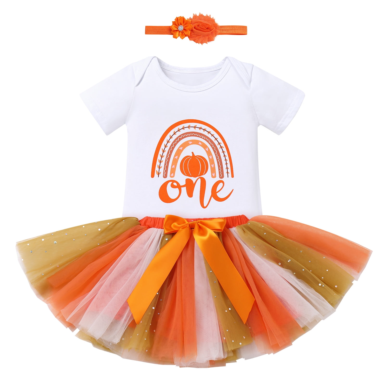IBTOM CASTLE Toddler Baby Girls Pumpkin 1st Birthday Outfit Halloween Princess Romper + Tutu Skirt + Headband Clothes Set for Cake Smash Photo Shoot 12-18 Months Rainbow Pumpkin One