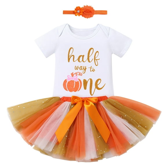 IBTOM CASTLE Toddler Baby Girls Pumpkin 1st Birthday Outfit Halloween Princess Romper   Tutu Skirt   Headband Clothes Set for Cake Smash Photo Shoot 6-9 Months Pumpkin Half Way to One