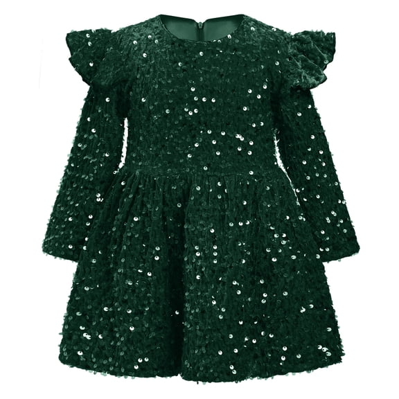IBTOM CASTLE Toddler Baby Girls Sequin Velvet Tutu Dress Long Sleeve Princess Christmas Wedding Birthday Party Dresses Fall Winter Clothes 4-5 Years Green