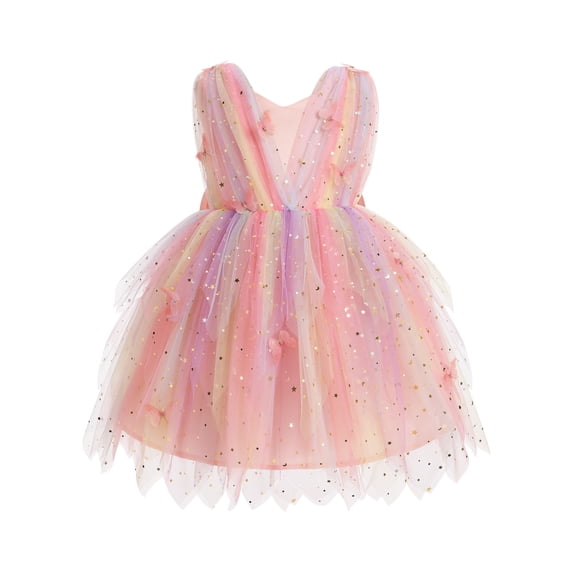 IBTOM CASTLE Toddler Baby Girls Shiny Butterfly Tutu Dress Princess Birthday Party Pageant Flower Girl Wedding Tulle Dresses 2-6T Pink