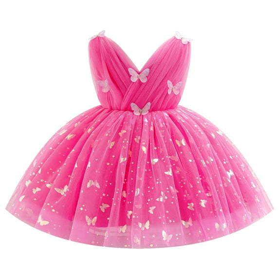 IBTOM CASTLE Toddler Baby Girls Shiny Butterfly Tutu Dress Princess Birthday Party Pageant Flower Girl Wedding V-Backless Dresses 12-18 Months Hot Pink
