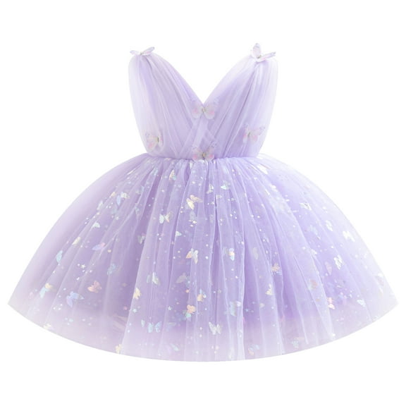 IBTOM CASTLE Toddler Baby Girls Shiny Butterfly Tutu Dress Princess Birthday Party Pageant Flower Girl Wedding V-Backless Dresses 12-18 Months Purple