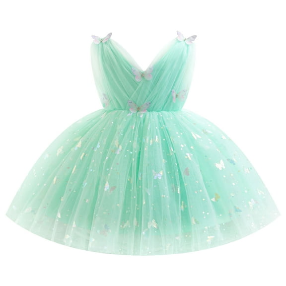 IBTOM CASTLE Toddler Baby Girls Shiny Butterfly Tutu Dress Princess Birthday Party Pageant Flower Girl Wedding V-Backless Dresses 3-4 Years Aqua