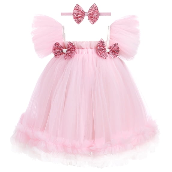 IBTOM CASTLE Toddler Baby Girls Tulle Tutu Dress Princess Flutter Sleeve Sequins Birthday Party Summer Beach Sundress with Headband 3-4 Years Pink