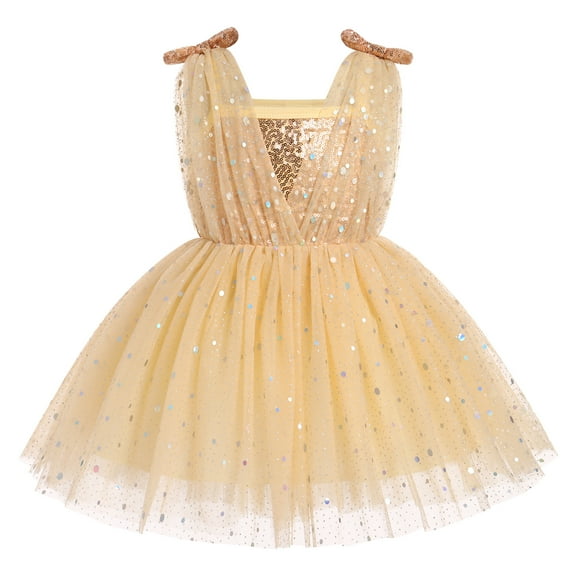 IBTOM CASTLE Toddler Baby Girls Tutu Dress Sleeveless V Neck Sparkle Sequins Glitters Princess Tulle Casual Birthday Party Dress 2-3 Years Champagne