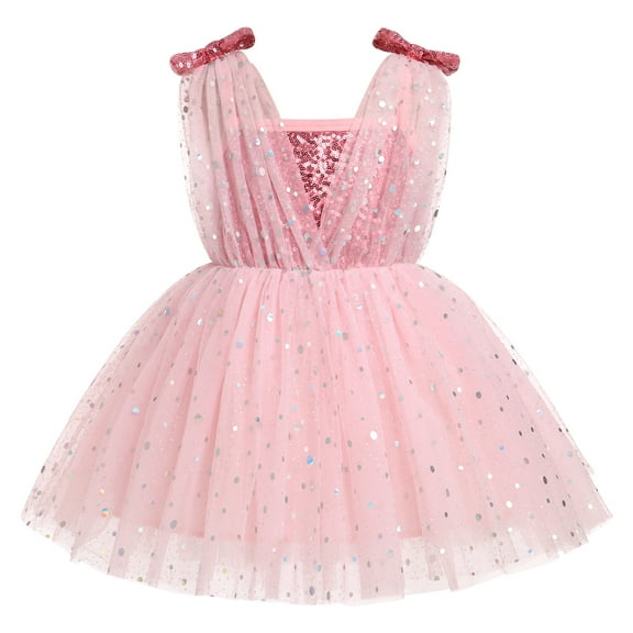 IBTOM CASTLE Toddler Baby Girls Tutu Dress Sleeveless V Neck Sparkle Sequins Glitters Princess Tulle Casual Birthday Party Dress 2-3 Years Pink