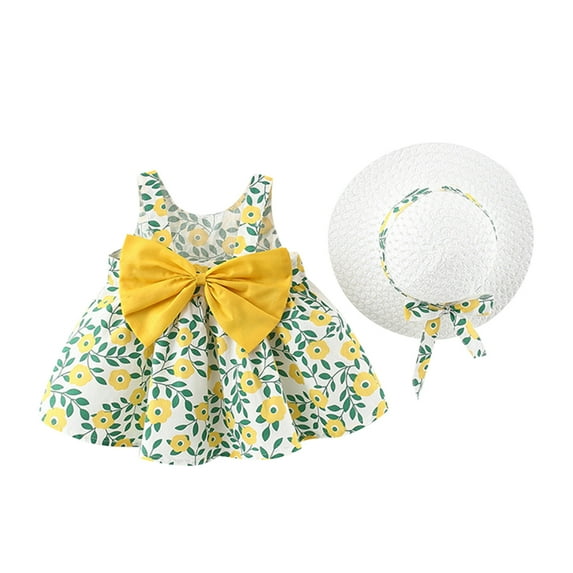IBTOM CASTLE Toddler Baby Girls Tutu Dress Summer Sleeveless Backless Princess Birthday Party Dresses Flower Bowknot Sundress with Straw Hat Set 12-18 Months Yellow + Green
