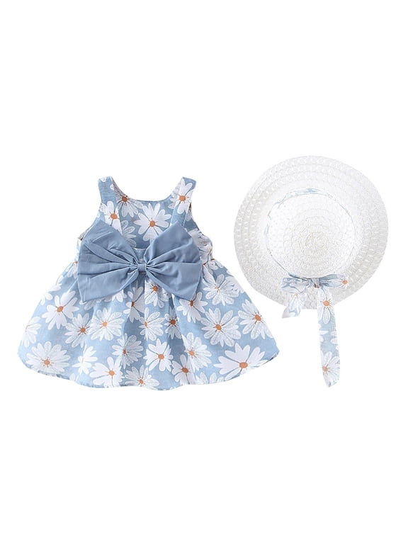 Toddler Baby Girls Tutu Dress Summer Sleeveless Backless Princess Birthday Party Dresses Flower Bowknot Sundress with Straw Hat Set 12-18 Months Blue - Floral