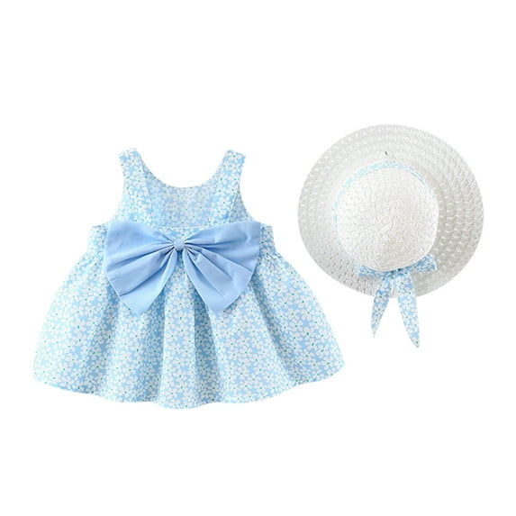 IBTOM CASTLE Toddler Baby Girls Tutu Dress Summer Sleeveless Backless Princess Birthday Party Dresses Flower Bowknot Sundress with Straw Hat Set 12-18 Months Light Blue - Floral