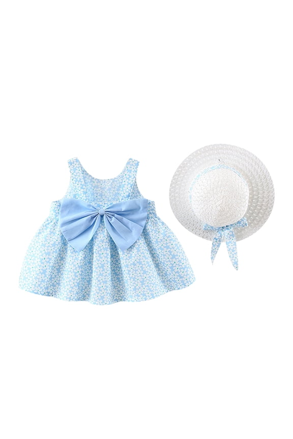Toddler Baby Girls Tutu Dress Summer Sleeveless Backless Princess Birthday Party Dresses Flower Bowknot Sundress with Straw Hat Set 18-24 Months Light Blue - Floral