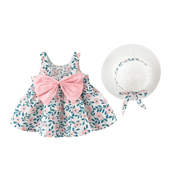 IBTOM CASTLE Toddler Baby Girls Tutu Dress Summer Sleeveless Backless Princess Birthday Party Dresses Flower Bowknot Sundress with Straw Hat Set 3-4 Years Pink + Blue