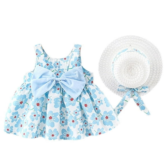 IBTOM CASTLE Toddler Baby Girls Tutu Dress Summer Sleeveless Backless Princess Casual Birthday Party Dresses Flower Bow Sundress with Straw Hat Set 2-3 Years Blue Flower + Bow